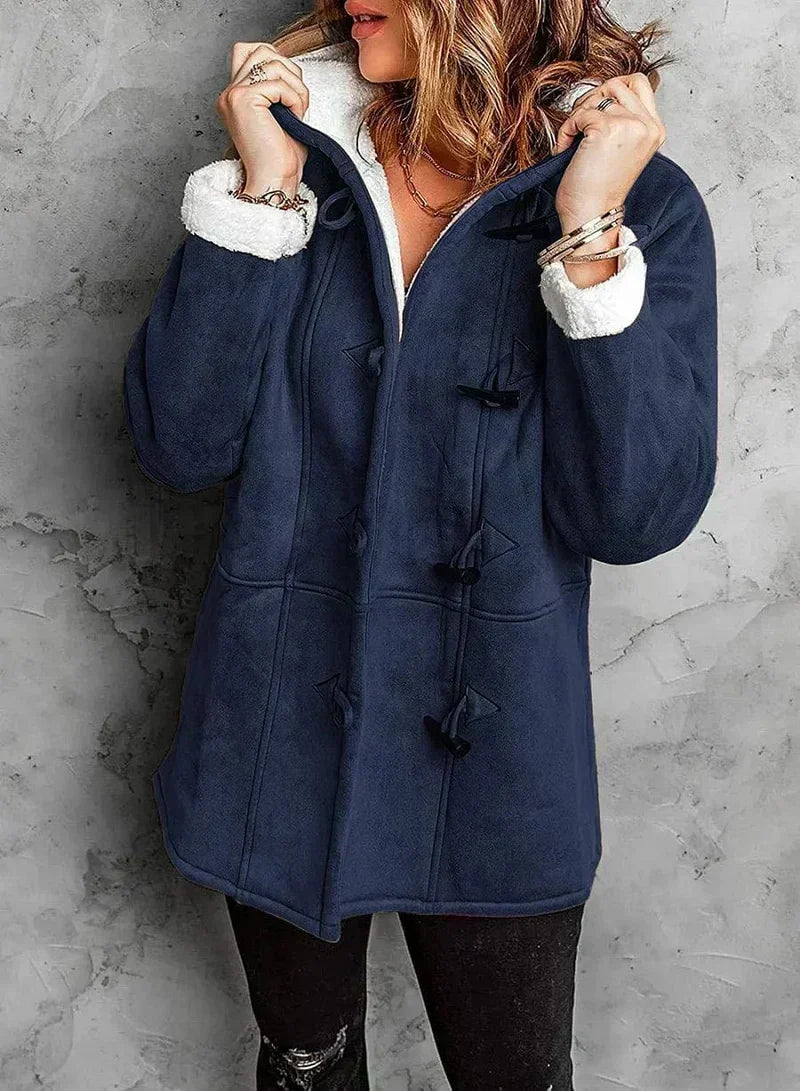 Women's Roomy Toggle-Fastening Duffle Coat with Lined Hood - Dark Blue