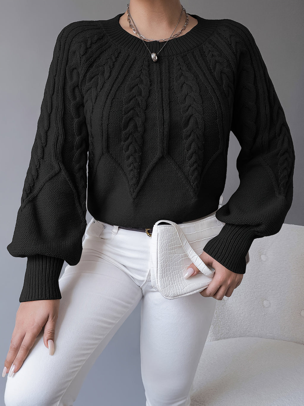 Women's Cable-Knit Jumper with Gathered Lantern Sleeves