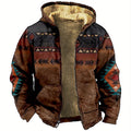 Men's Earthy Southwestern Print Zip-Up Jacket with Plush Lining - Brown & Black Print