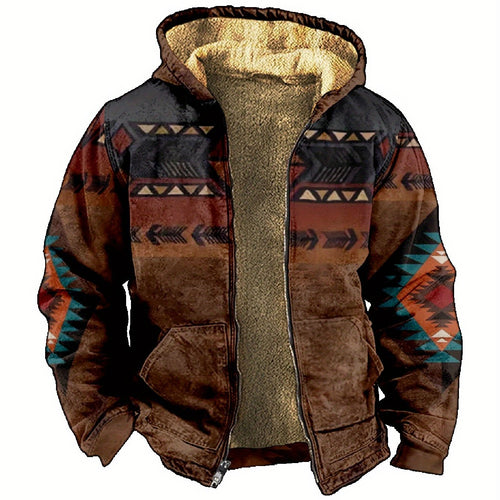 Men's Earthy Southwestern Print Zip-Up Jacket with Plush Lining - Brown & Black Print