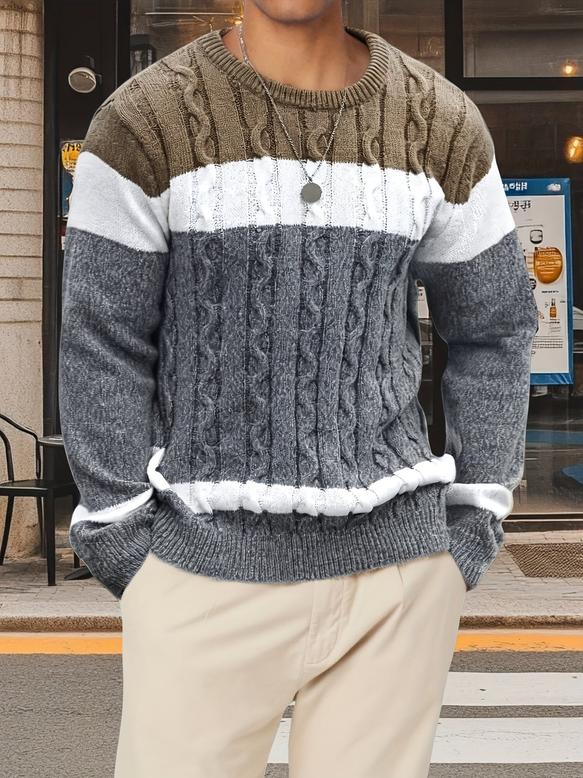 Men's Contrast-Panel Cable Knit Jumper