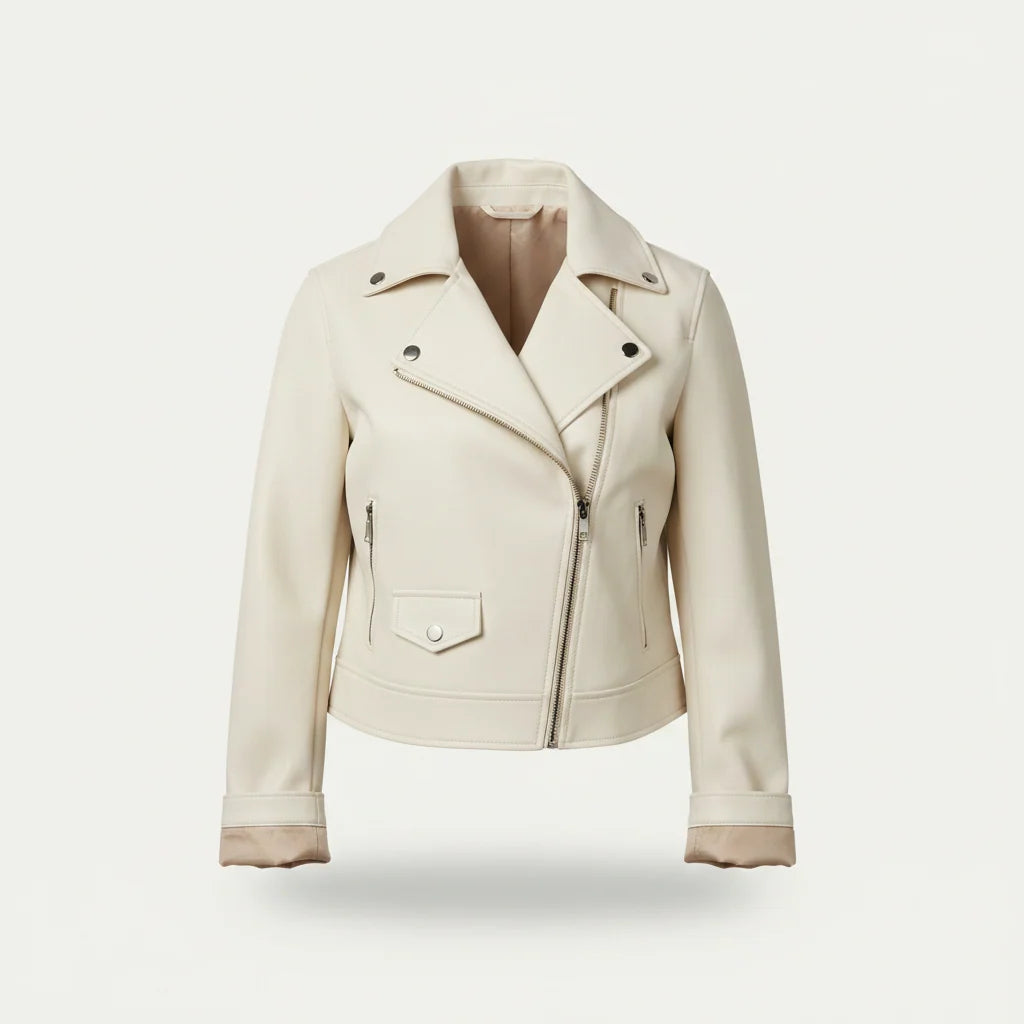 Women's Open-Front Leather-Look Crop Jacket with Statement Lapels - Cream