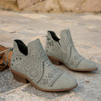 Women's Textured Cut-Out Boots with Laced Front and Stacked Heel