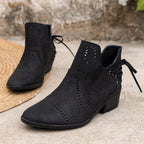 Women's Textured Cut-Out Boots with Laced Front and Stacked Heel