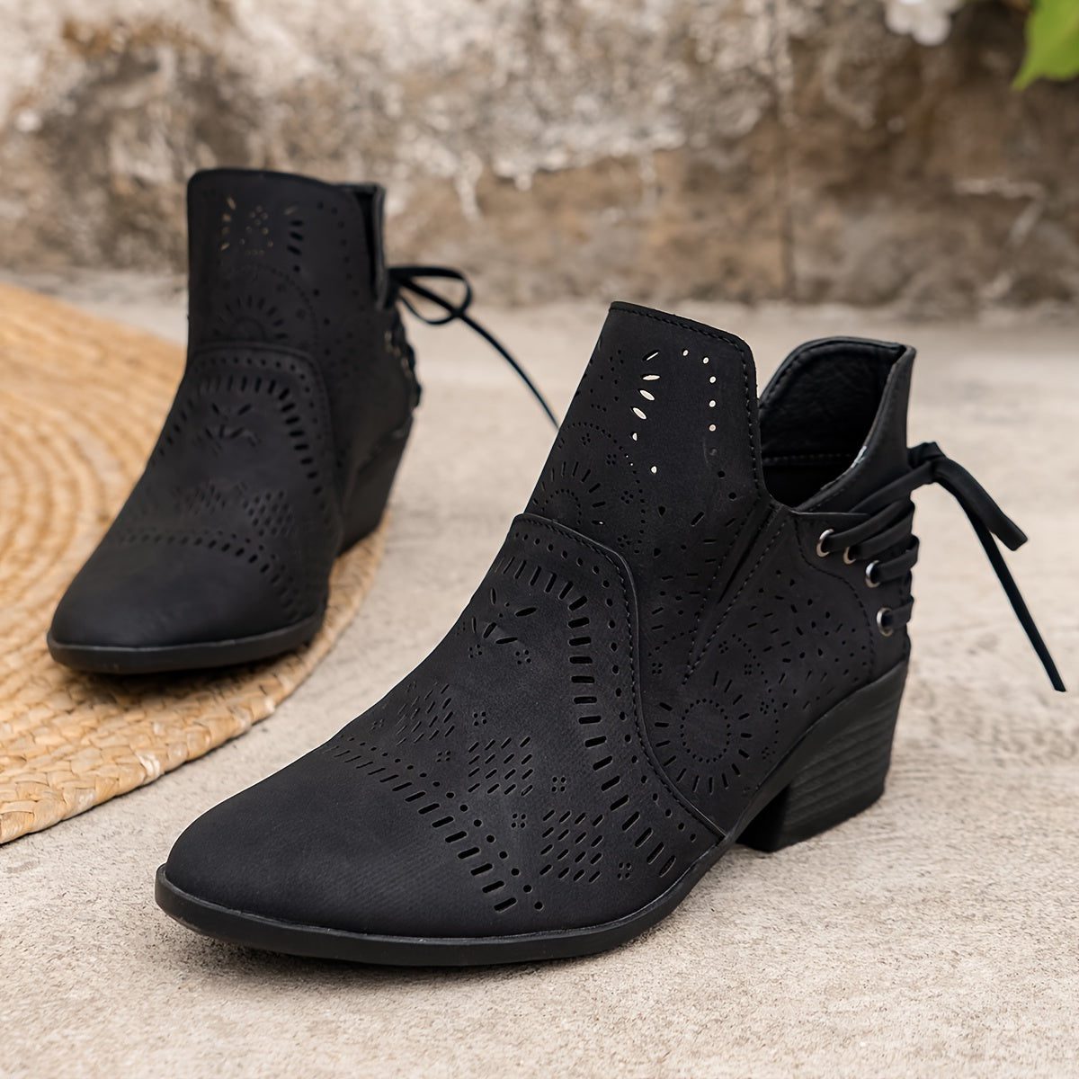 Women's Textured Cut-Out Boots with Laced Front and Stacked Heel