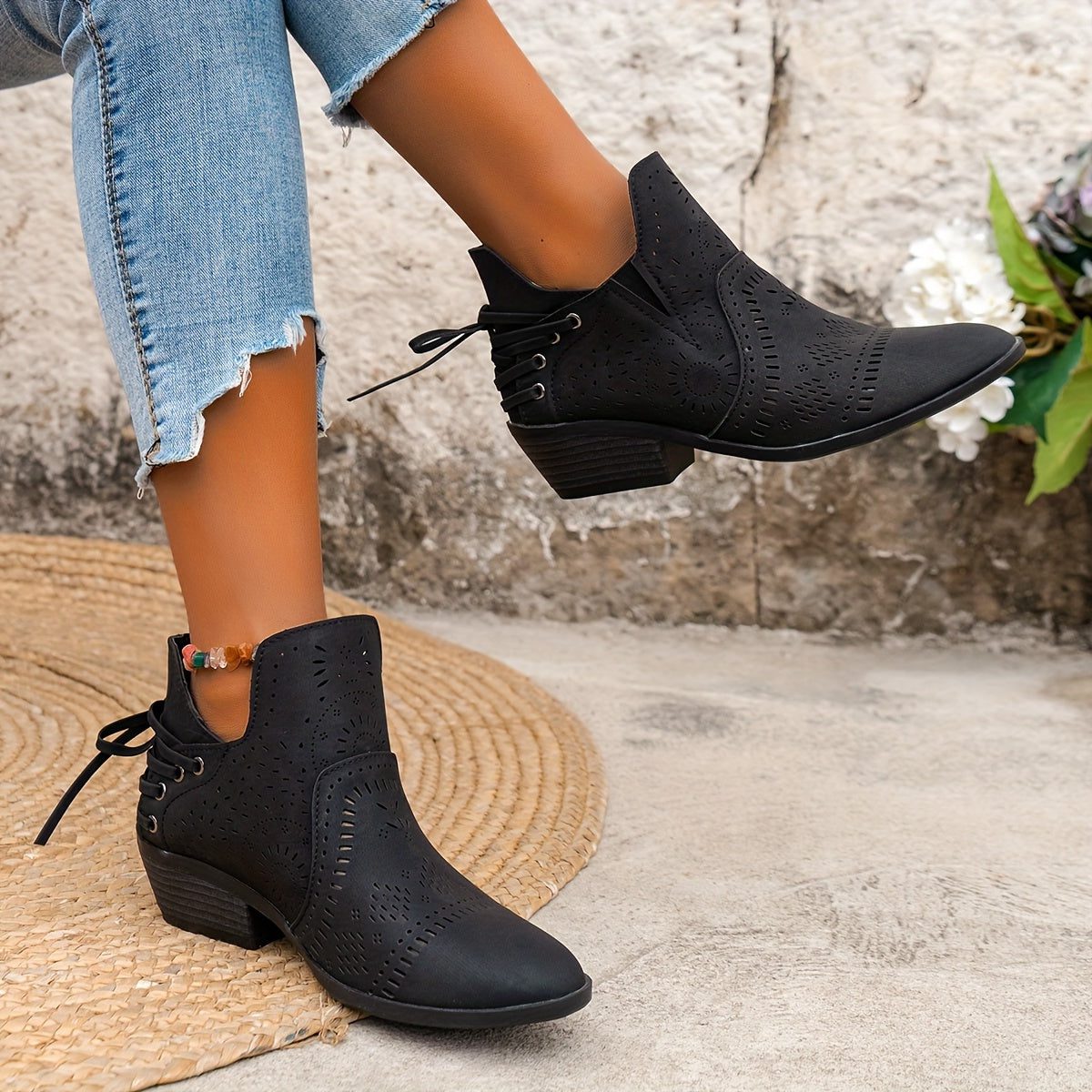Women's Textured Cut-Out Boots with Laced Front and Stacked Heel