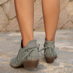 Women's Textured Cut-Out Boots with Laced Front and Stacked Heel