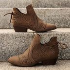 Women's Textured Cut-Out Boots with Laced Front and Stacked Heel