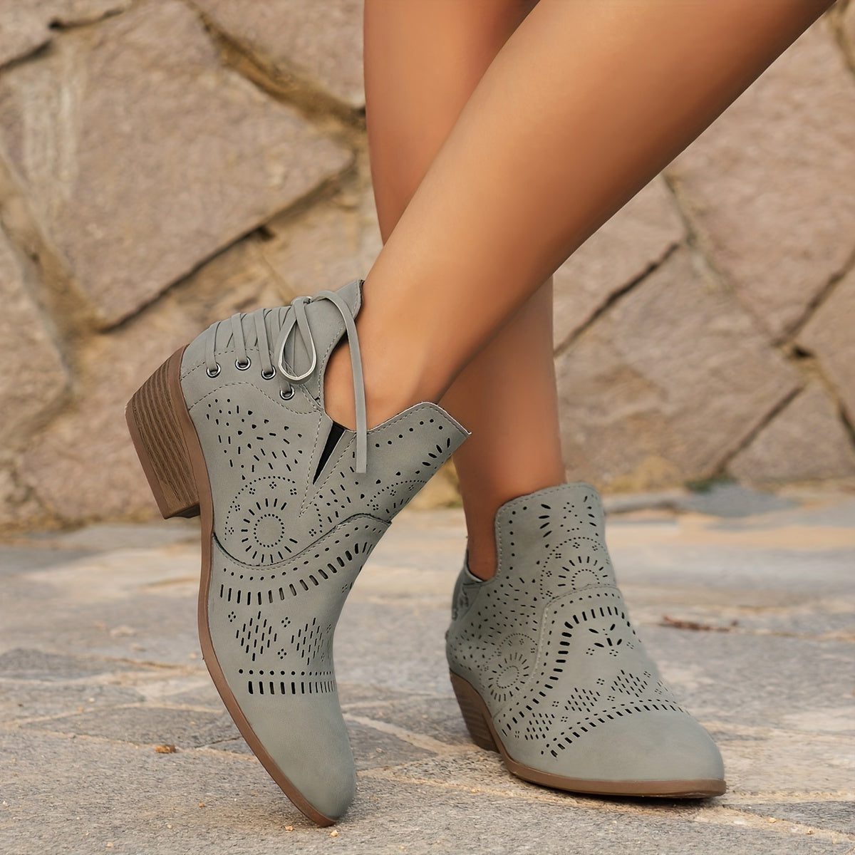 Women's Textured Cut-Out Boots with Laced Front and Stacked Heel