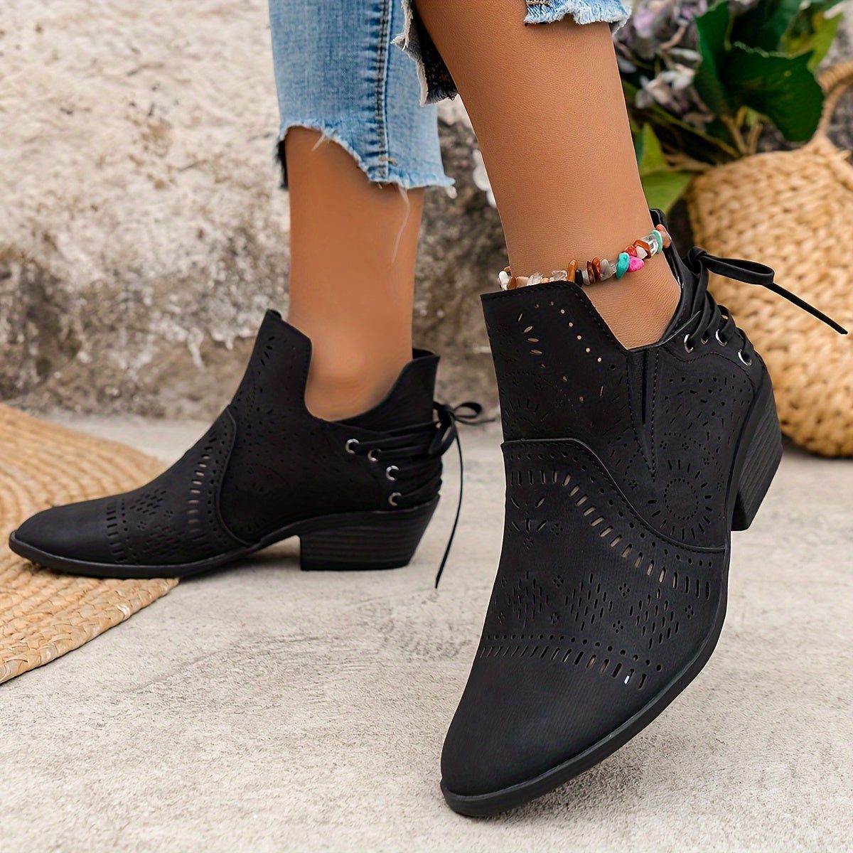 Women's Textured Cut-Out Boots with Laced Front and Stacked Heel - Black