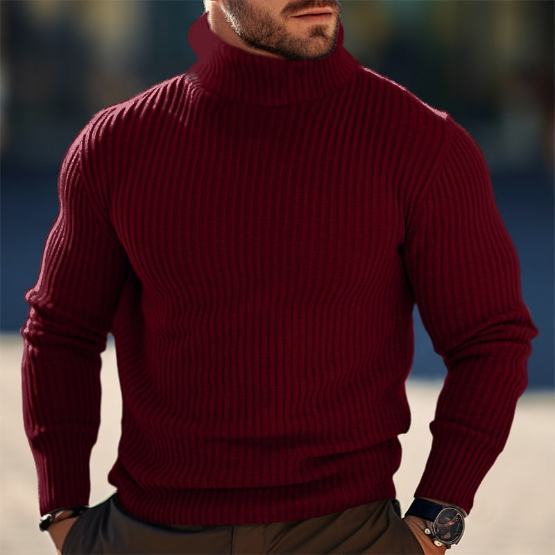 Men's Slim Vertical-Rib Roll Neck Pullover - Red