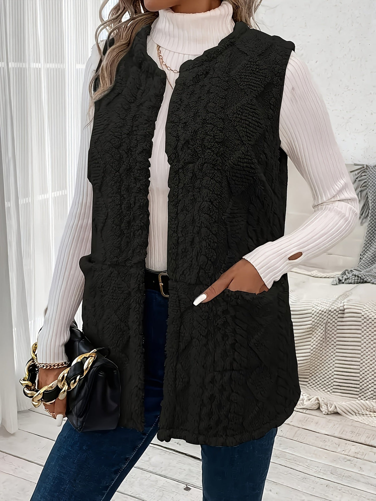 Women's Open-Front Draped Plush Layering Gilet