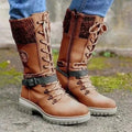 Women's Lace and Zip Leather Snow Boots with Knitted Cuff - Brown