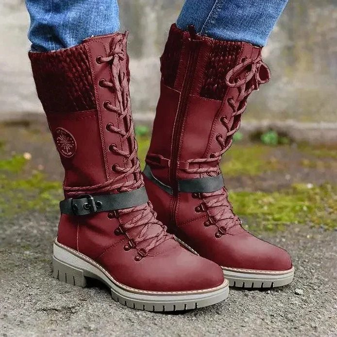 Women's Lace and Zip Leather Snow Boots with Knitted Cuff - Red