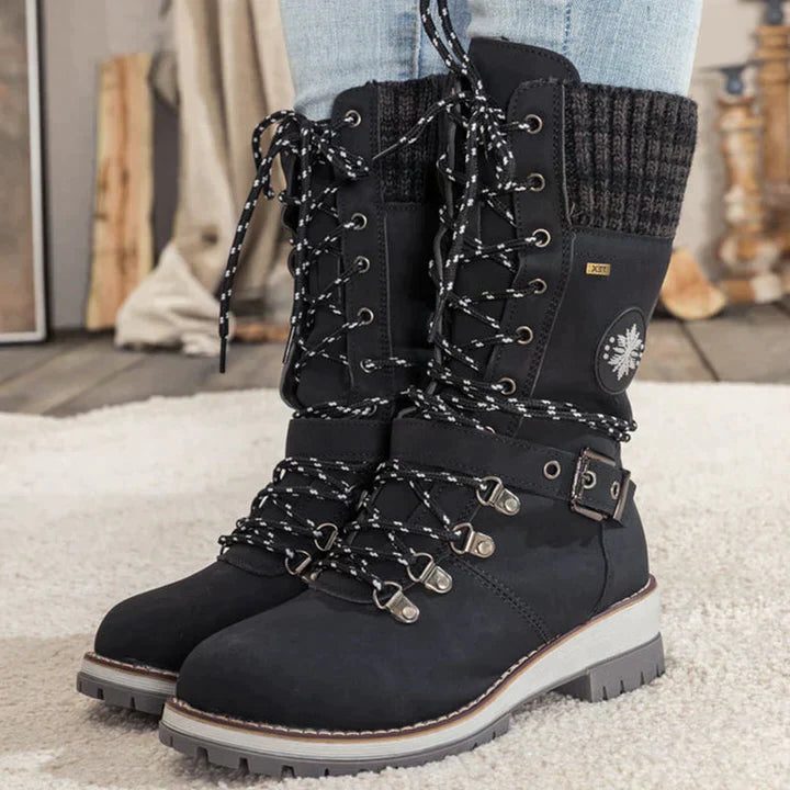 Women's Lace and Zip Leather Snow Boots with Knitted Cuff - Black