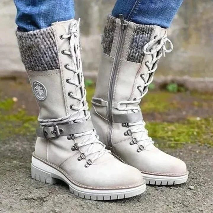 Women's Lace and Zip Leather Snow Boots with Knitted Cuff - White