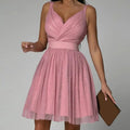 Women's Sleeveless Sequin Knee-Length Dress with Gathered Skirt - Pink