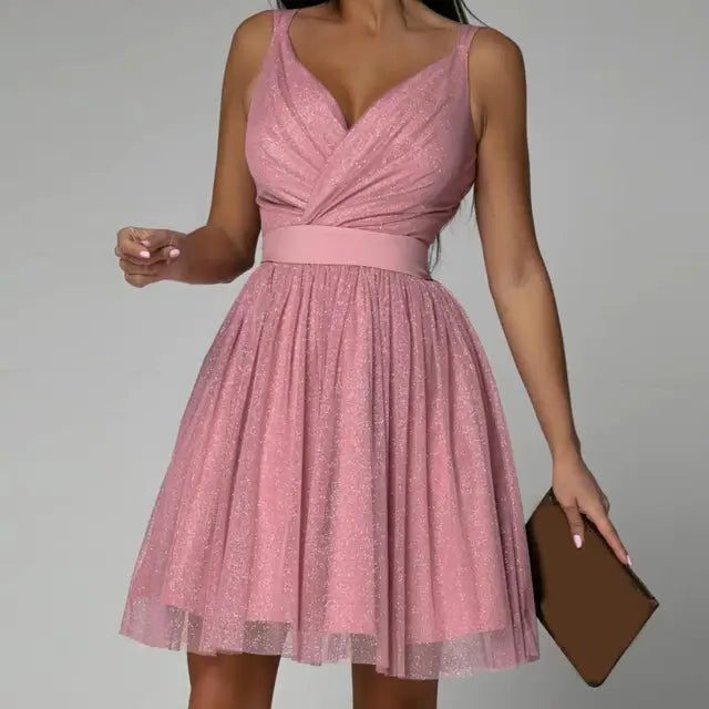Women's Sleeveless Sequin Knee-Length Dress with Gathered Skirt