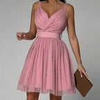 Women's Sleeveless Sequin Knee-Length Dress with Gathered Skirt