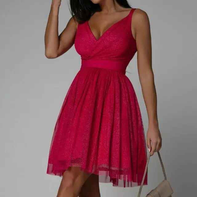 Women's Sleeveless Sequin Knee-Length Dress with Gathered Skirt