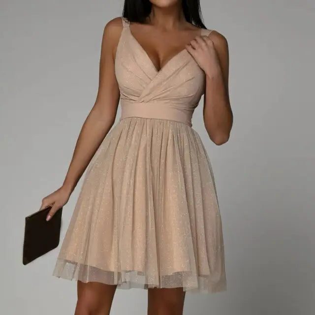 Women's Sleeveless Sequin Knee-Length Dress with Gathered Skirt