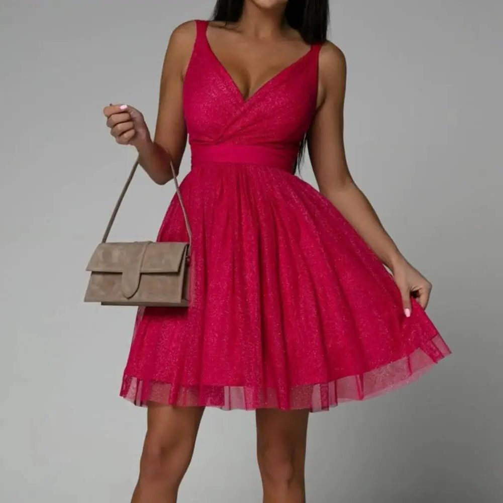 Women's Sleeveless Sequin Knee-Length Dress with Gathered Skirt