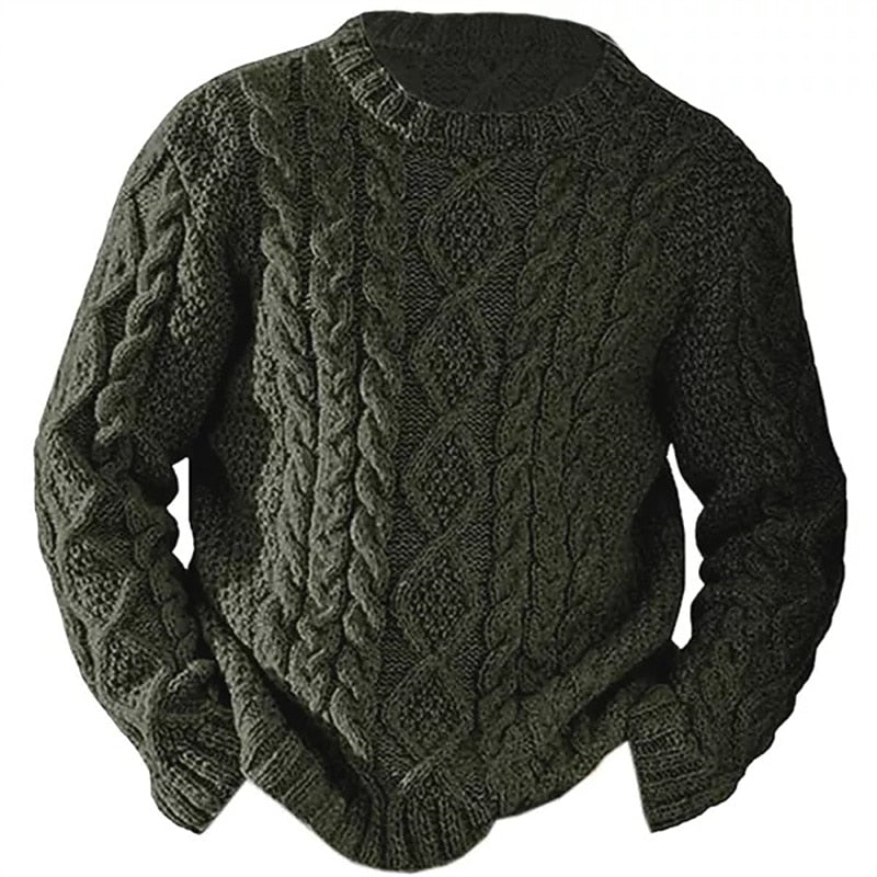 Men's Traditional Cable Knit Crew Neck Pullover - Army Green