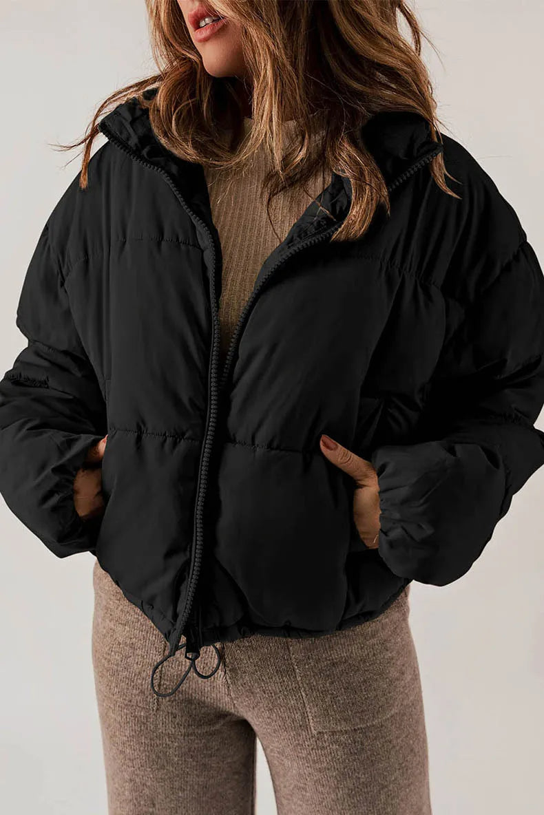 Women's Short Drop-Shoulder Padded Jacket with Adjustable Hem - Black
