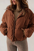 Women's Short Drop-Shoulder Padded Jacket with Adjustable Hem - Brown