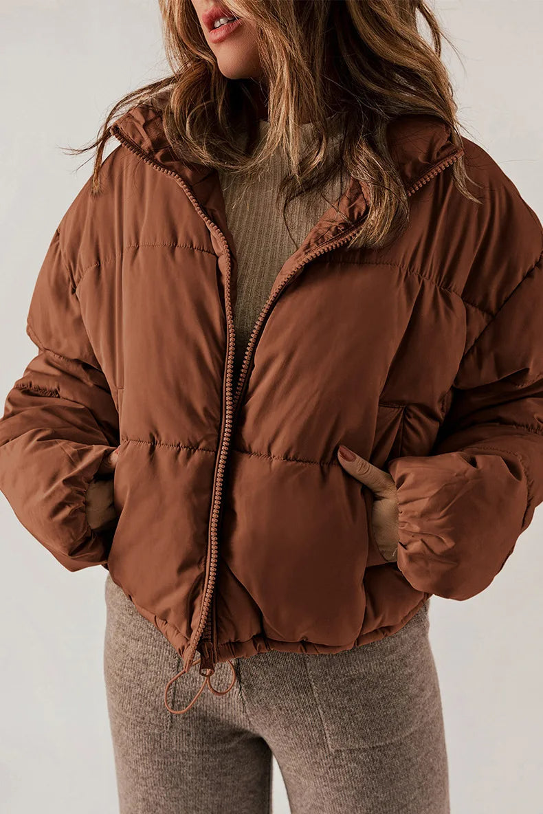 Women's Short Drop-Shoulder Padded Jacket with Adjustable Hem - Brown