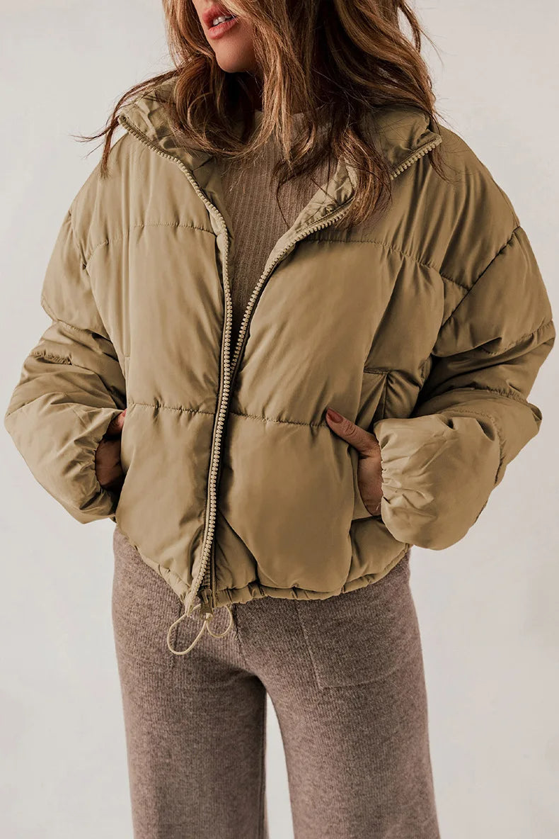 Women's Short Drop-Shoulder Padded Jacket with Adjustable Hem - Khaki