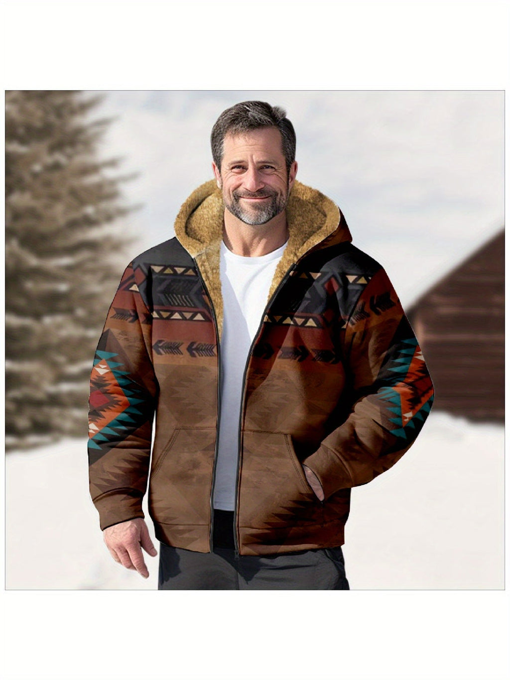 Men's Earthy Southwestern Print Zip-Up Jacket with Plush Lining