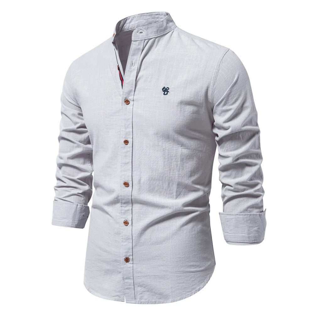 Men's Lightweight Band Collar Summer Shirt in Cotton - Grey