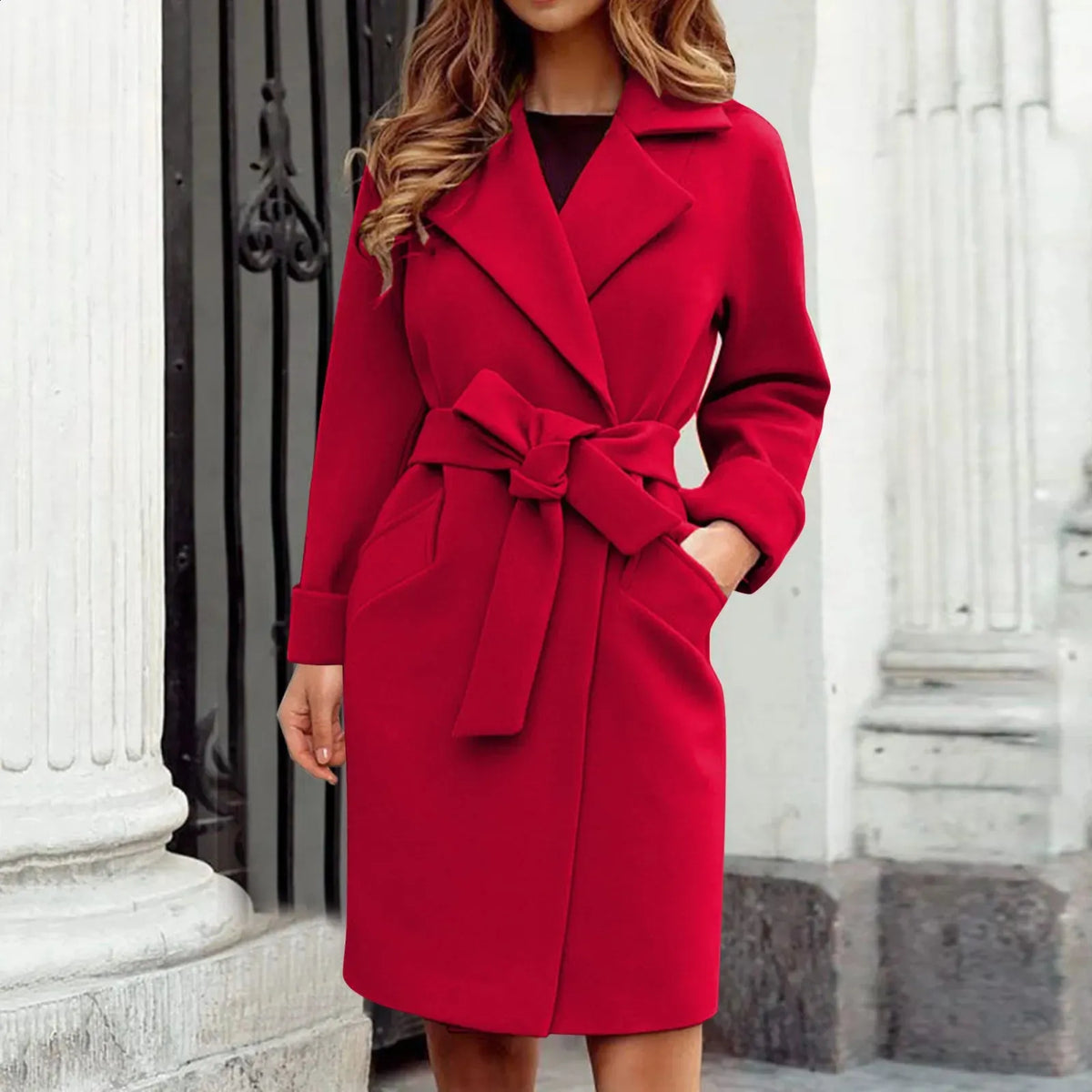 Women's Wool-Blend Wrap Coat with Broad Notch Lapels and Pockets - Red