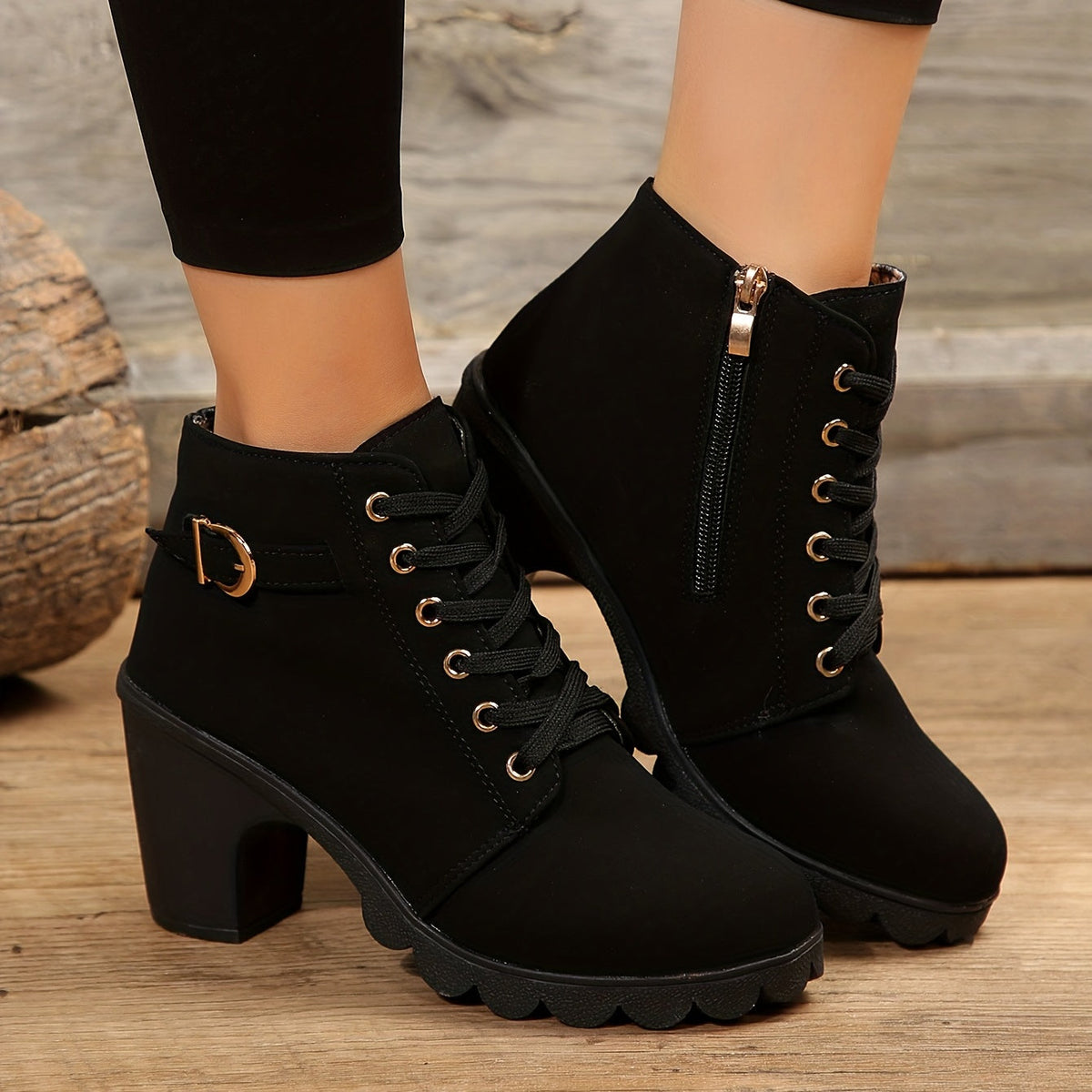 Women's Lace-Front Zip-Side Ankle Boots with Raised Block Heel - Black