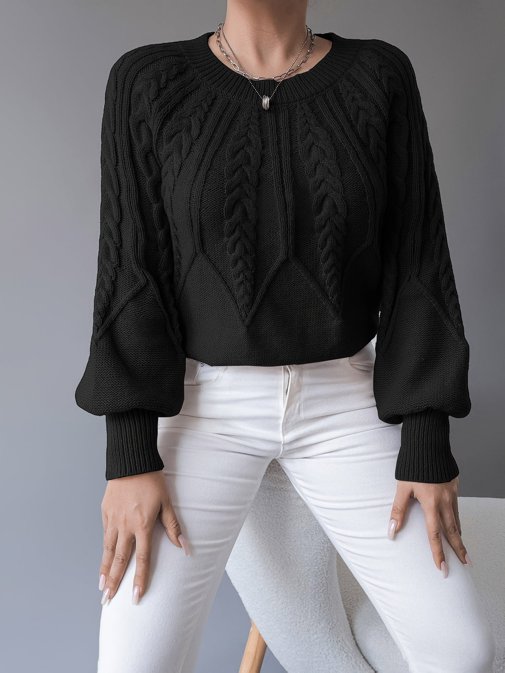 Women's Cable-Knit Jumper with Gathered Lantern Sleeves
