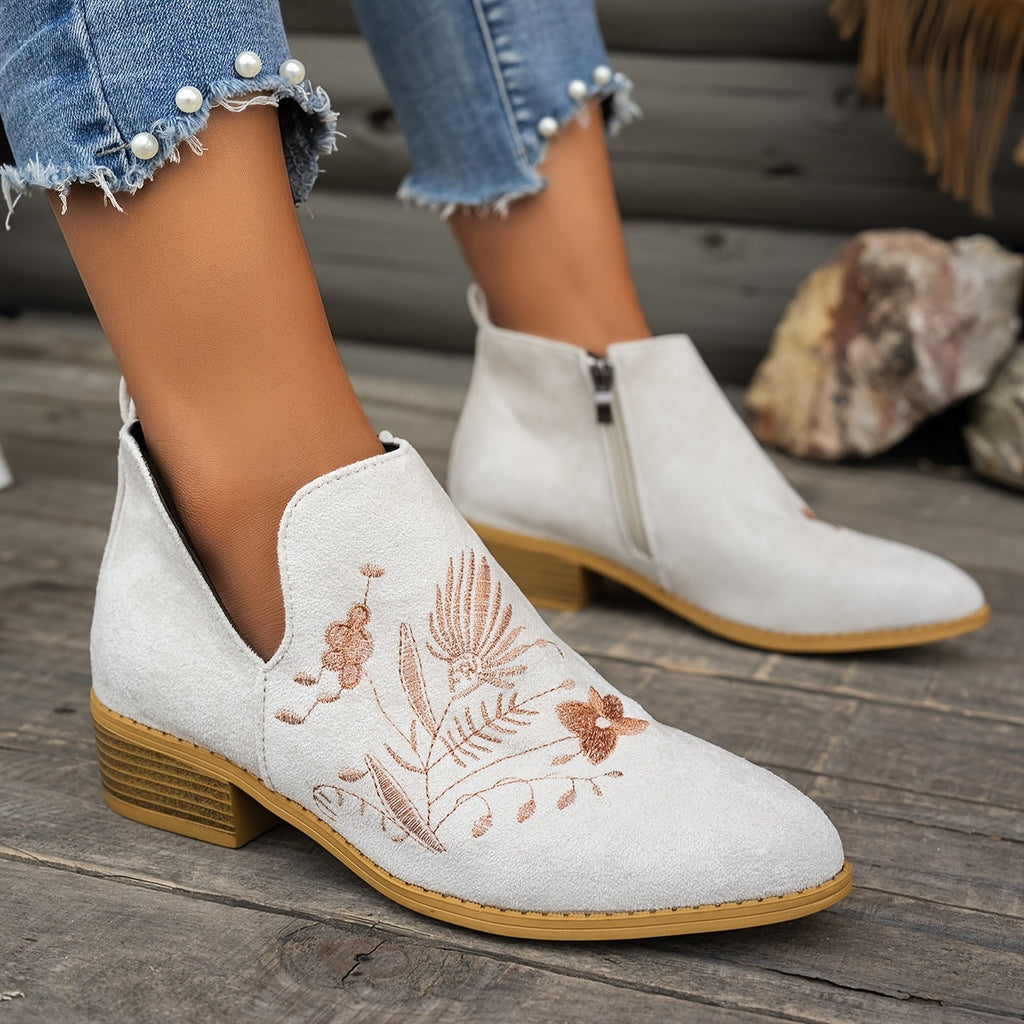 Women's Pointed V-Cut Ankle Boots with Stitched Embroidery