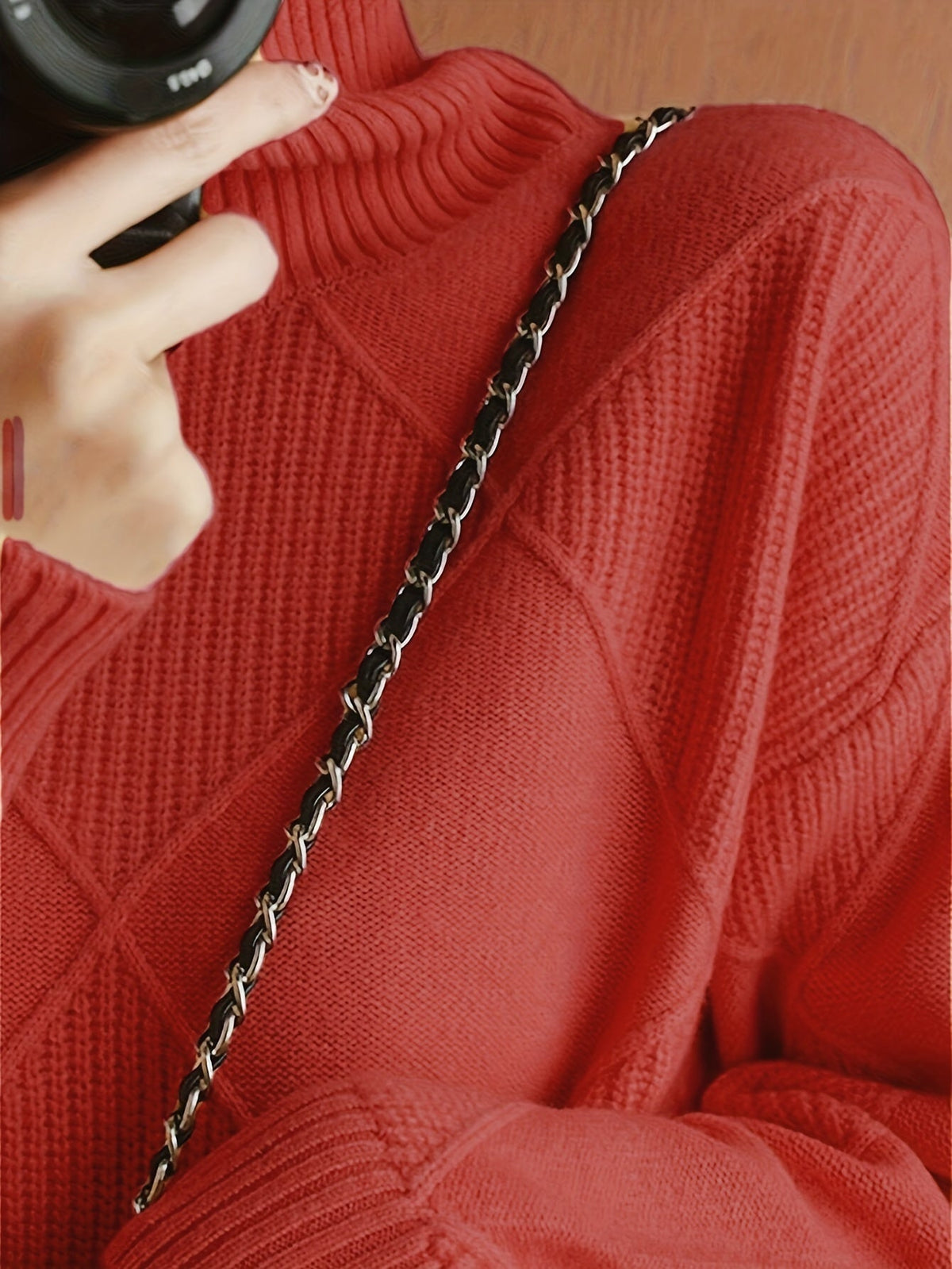 Women's Relaxed High Neck Jumper with Diamond Knit Pattern