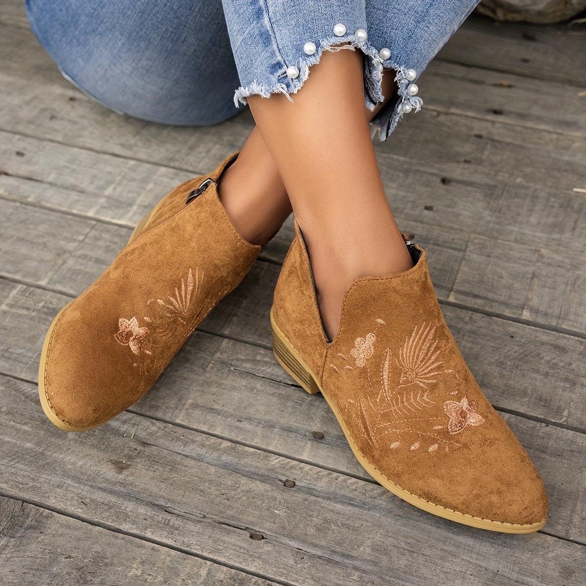 Women's Pointed V-Cut Ankle Boots with Stitched Embroidery