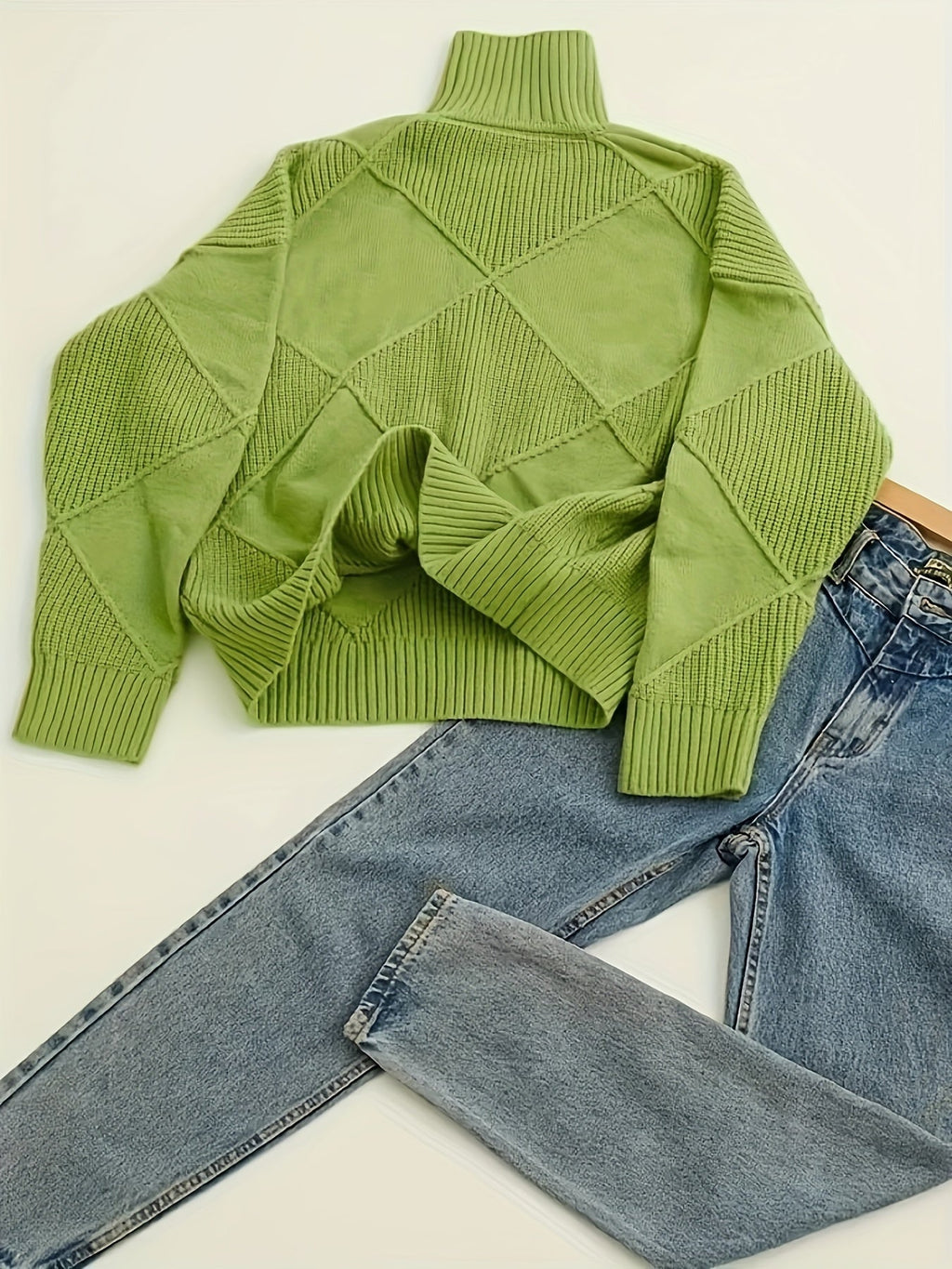 Women's Relaxed High Neck Jumper with Diamond Knit Pattern