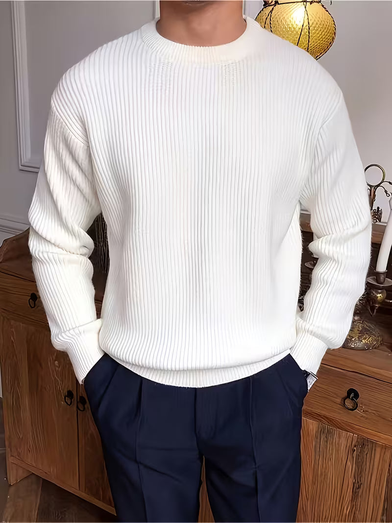 Men's Ribbed Stretch Knit Jumper for Smart-Casual Days - White