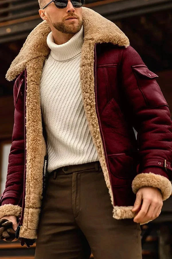 Men's Plush-Lined Aviator Jacket with Oversized Turn-Up Collar - Wine Red