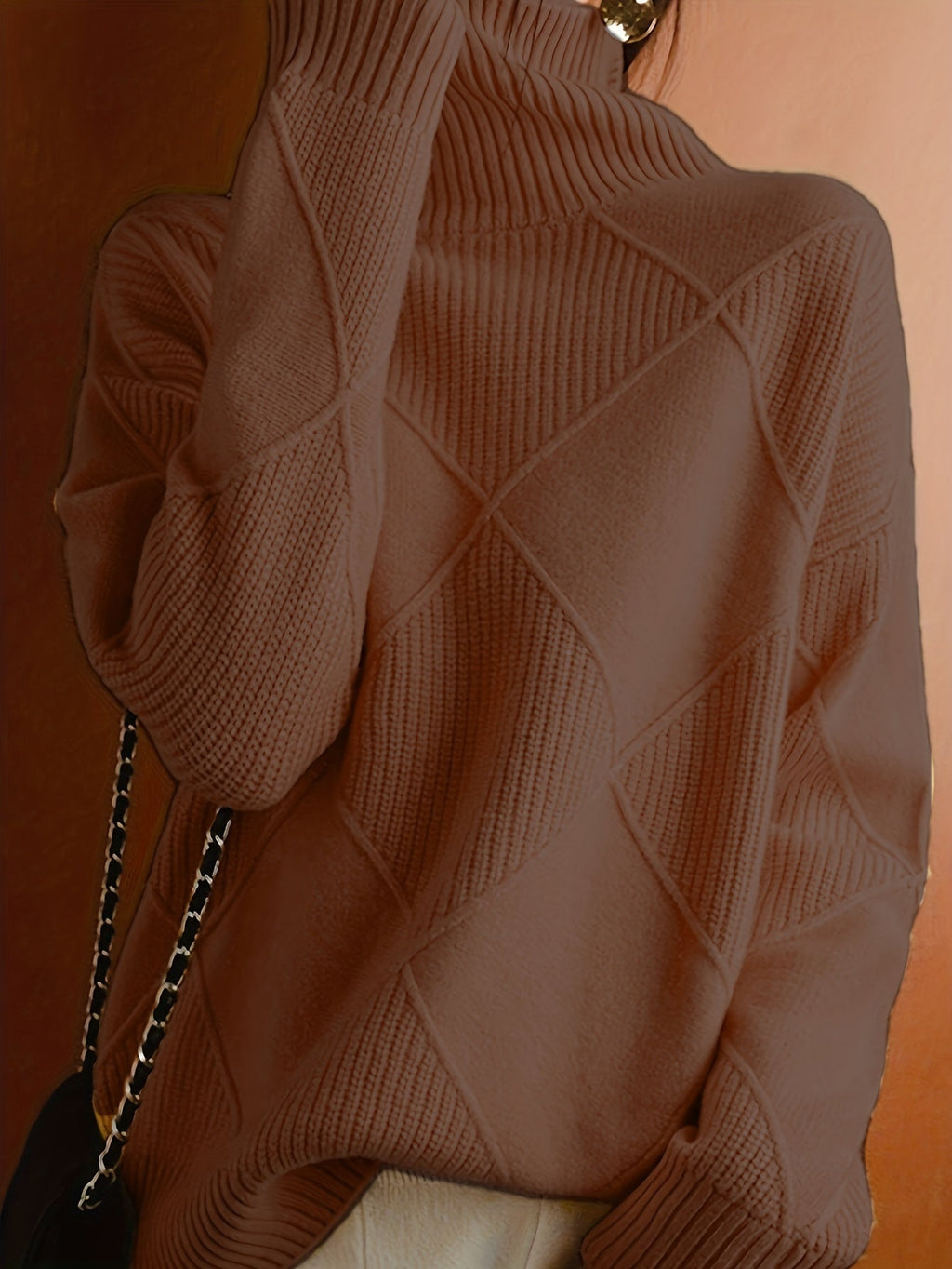 Women's Relaxed High Neck Jumper with Diamond Knit Pattern