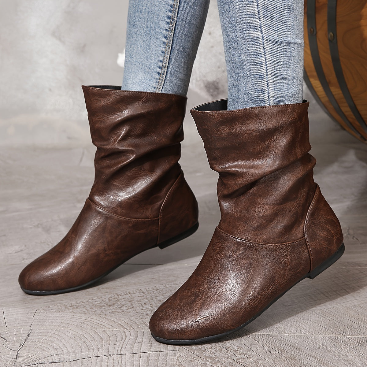 Women's Easy Pull-On Flat Boots with Soft Bunched Ankle - Coffee