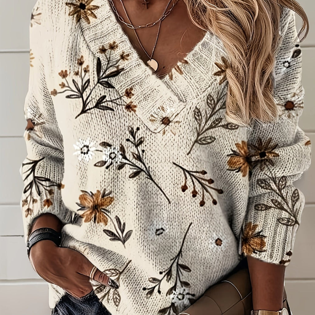 Women's Relaxed Floral V-Neck Jumper for Light Layering - Cream & Brown