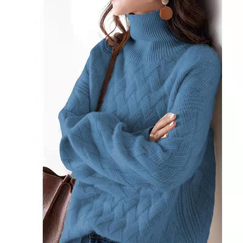 Women's Oversized Cable-Knit Polo Neck Jumper with Ribbed Collar - Blue