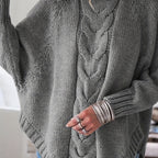 Women's Funnel Neck Thick-Knit Jumper with Cable Stitching - Dark Grey