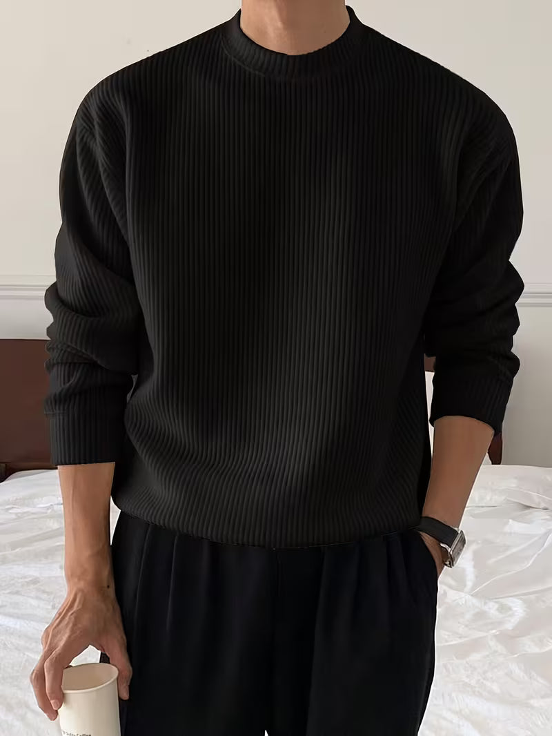 Men's Ribbed Stretch Knit Jumper for Smart-Casual Days - Black