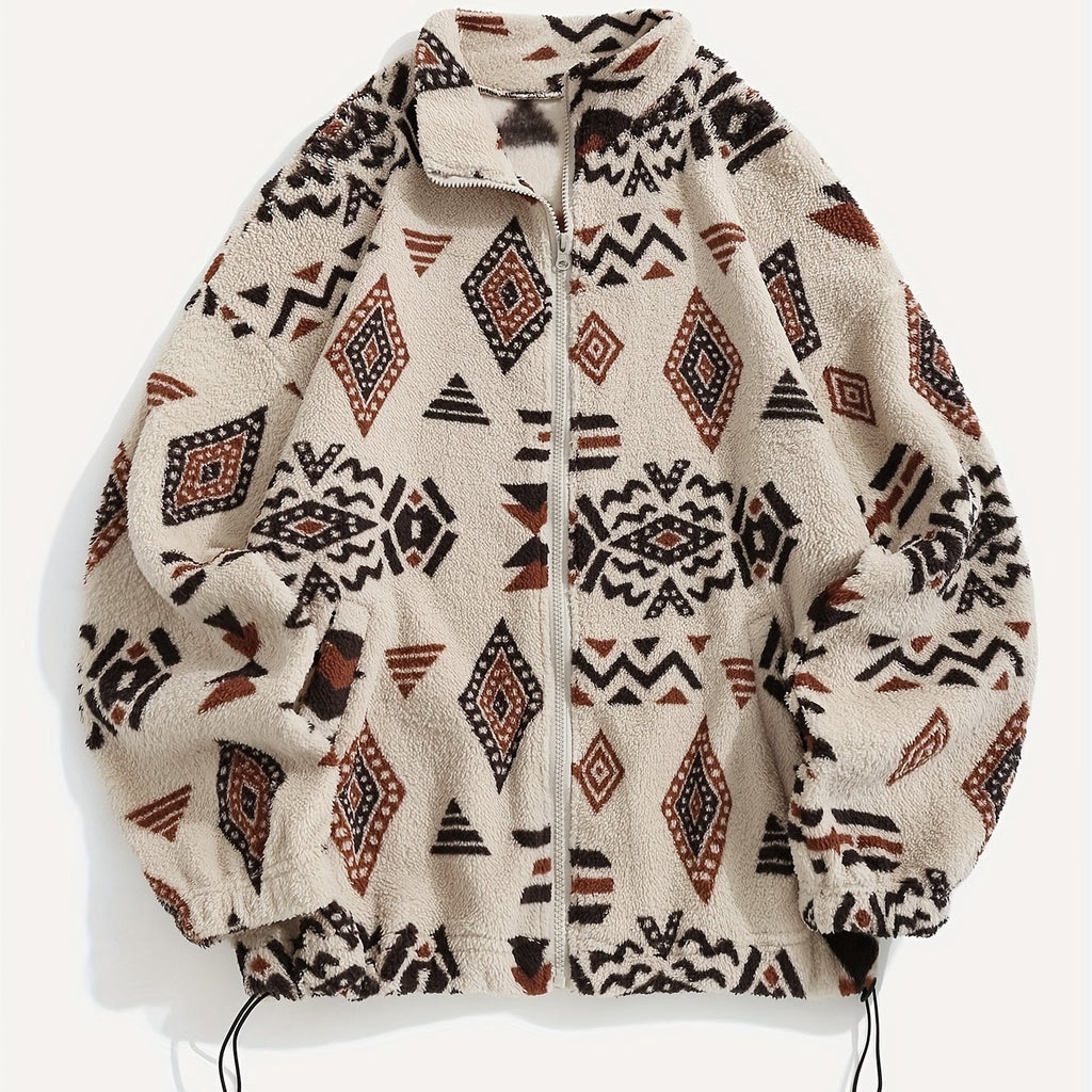 Women's All-Over Pattern Plush Jacket with Relaxed Fit and Zip - Apricot