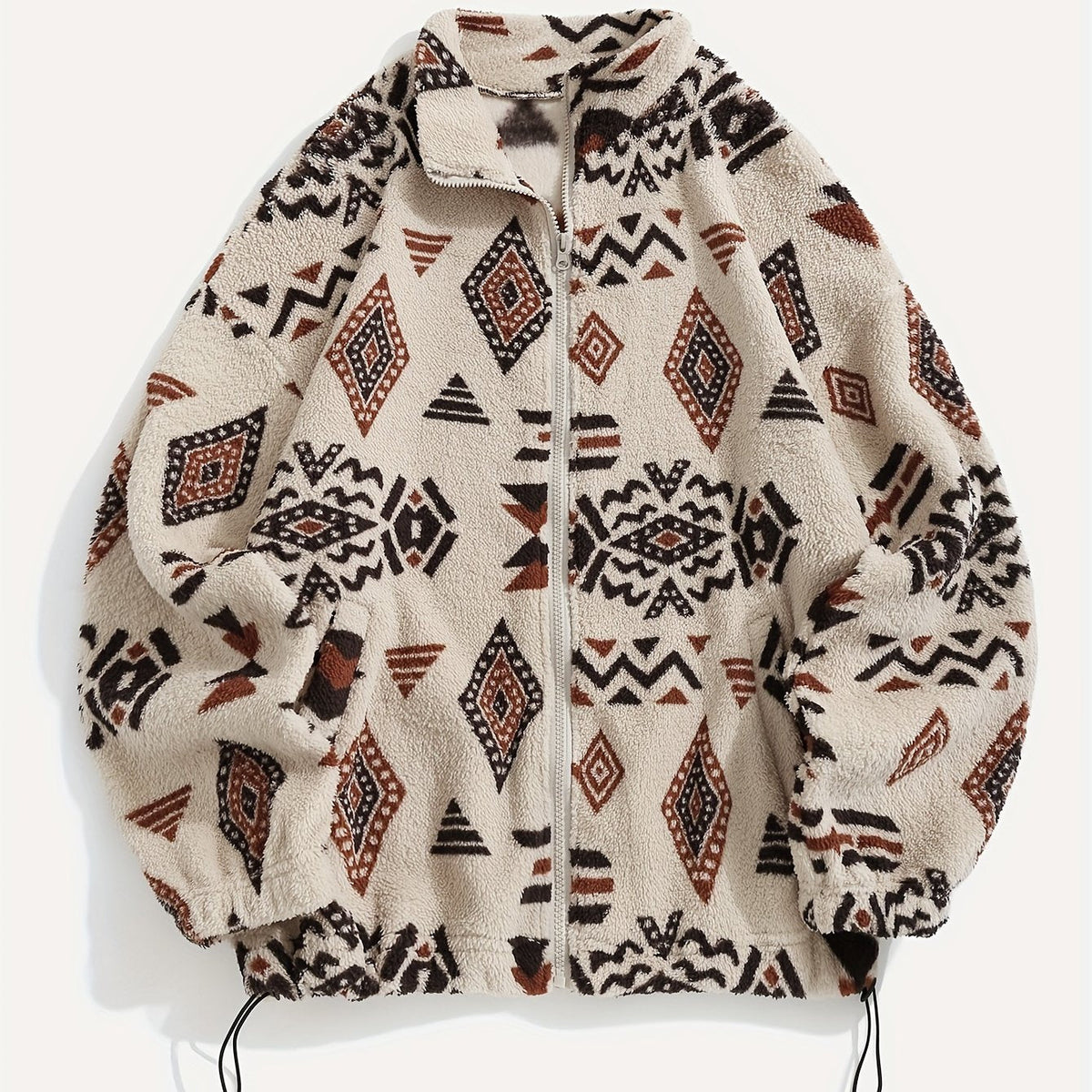 Women's All-Over Pattern Plush Jacket with Relaxed Fit and Zip - Apricot